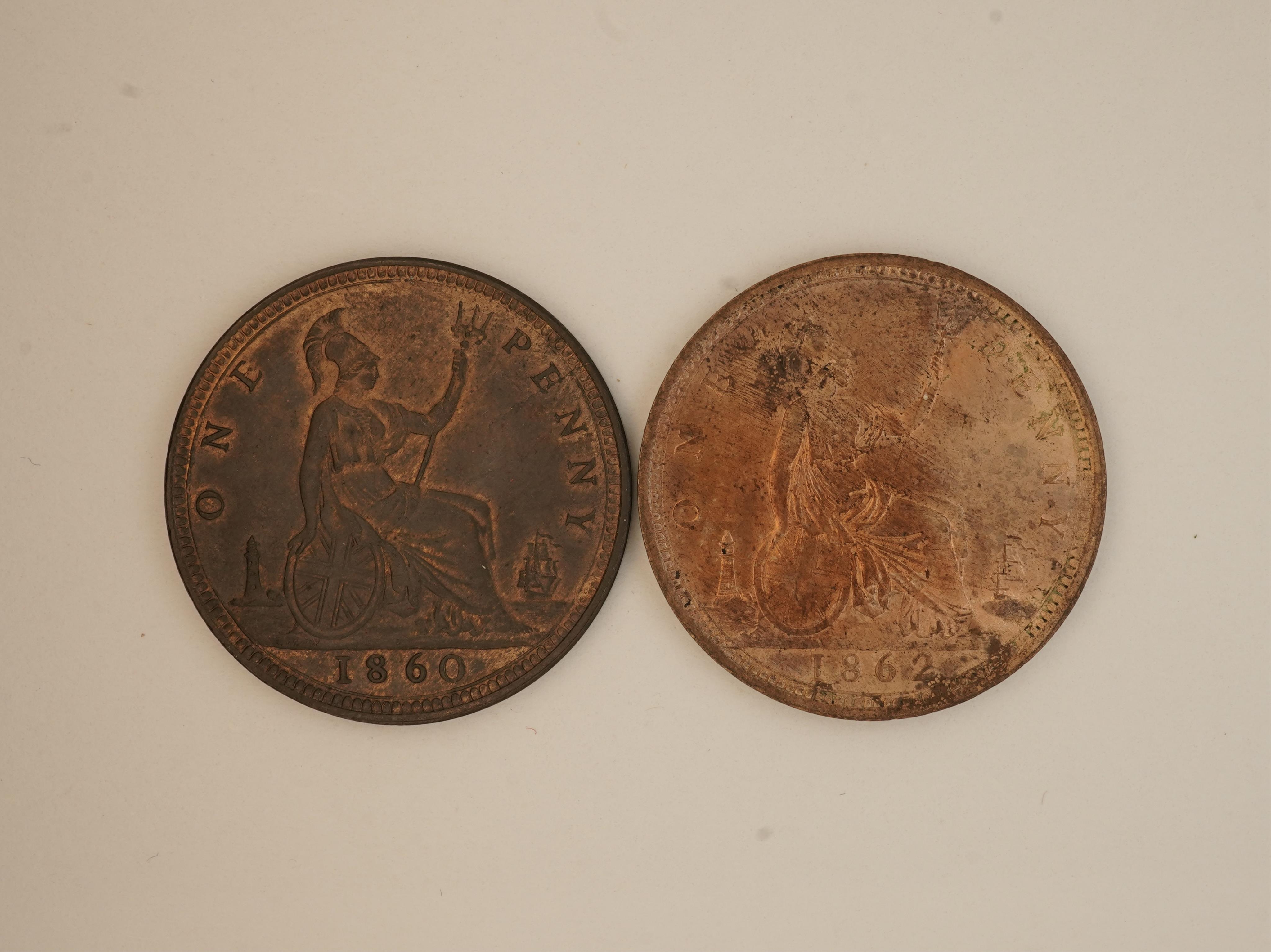 British coins, Victoria, two bronze pennies;, 1860, Fr. 10, Gouby dies D/d, crisply struck, EF, dark toned with some lustre, 1862, Fr. 39, Gouby dies J/g, no signature, proof-like fields, EF, lustrous